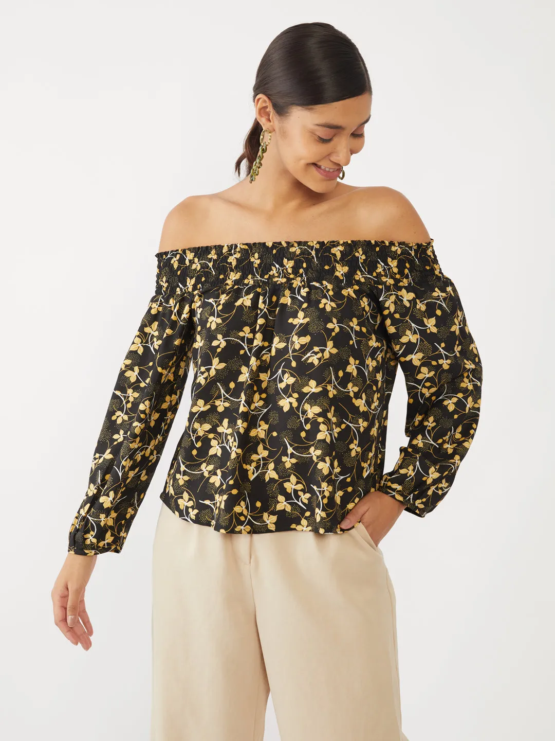 Black Printed Off-shoulder Top