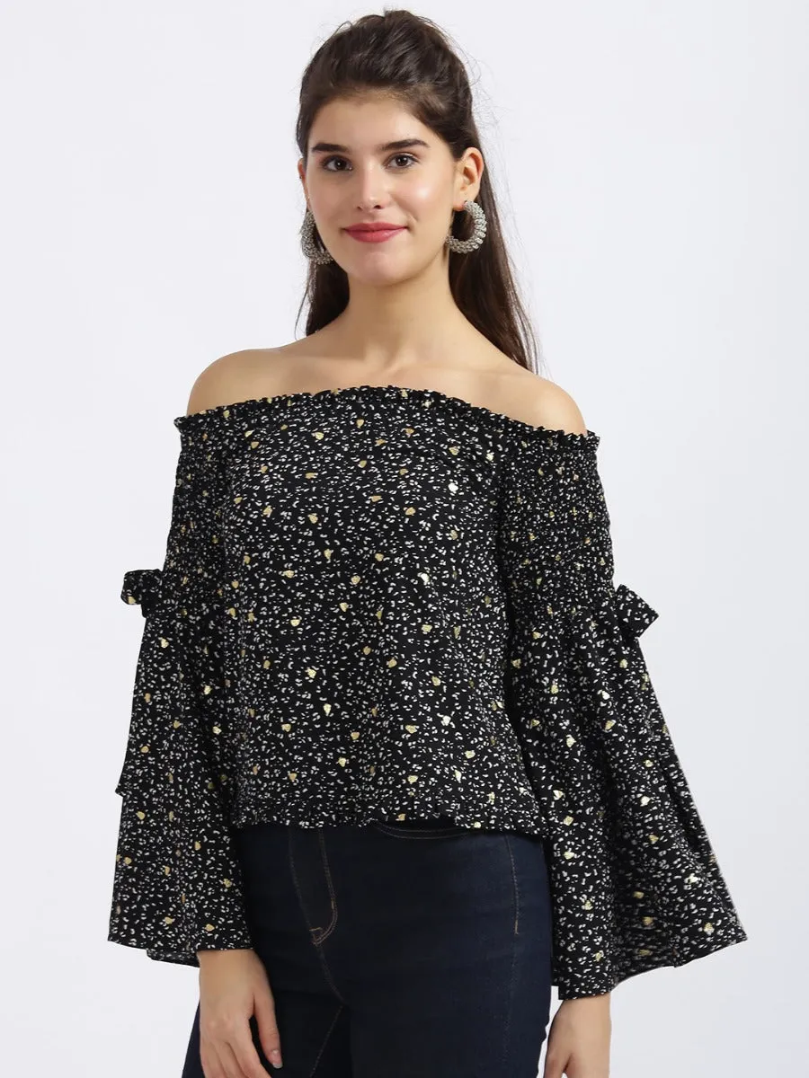Black Printed Off-shoulder Top