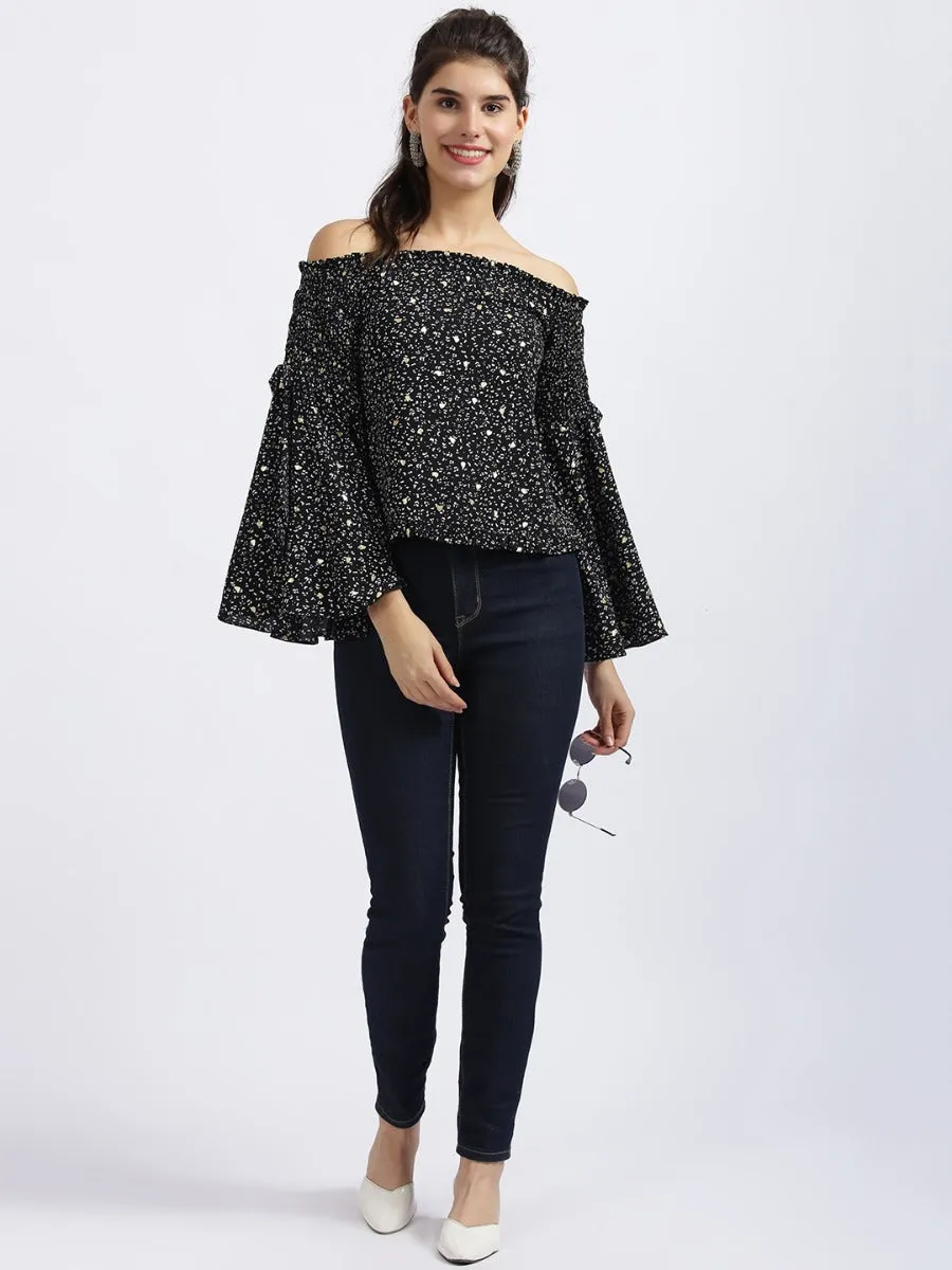 Black Printed Off-shoulder Top