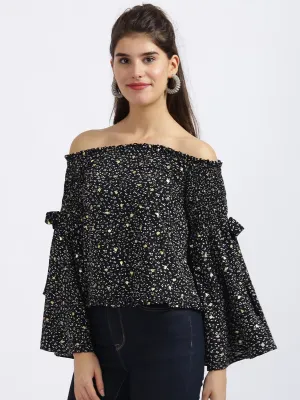 Black Printed Off-shoulder Top