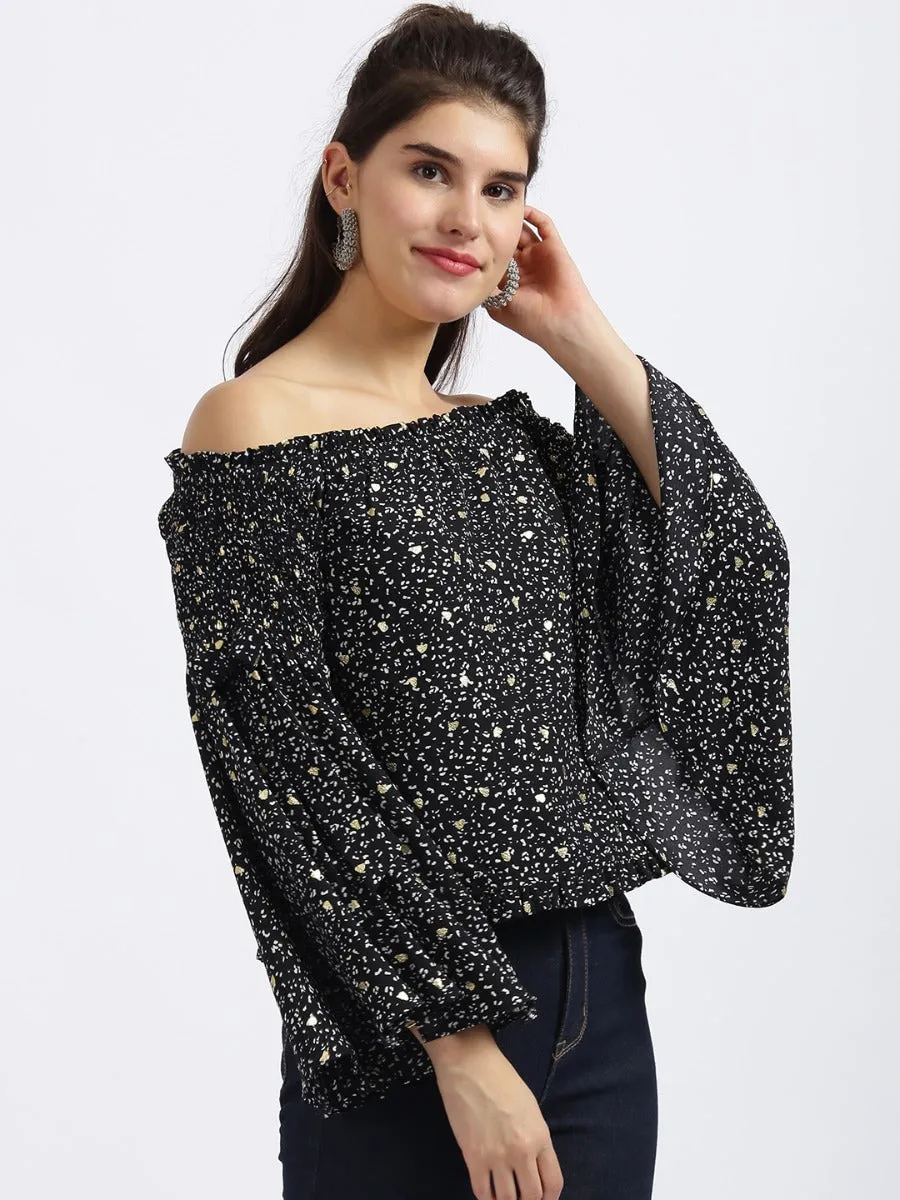 Black Printed Off-shoulder Top
