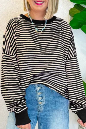 Black Stripe Loose Drop Shoulder Long Sleeve Top