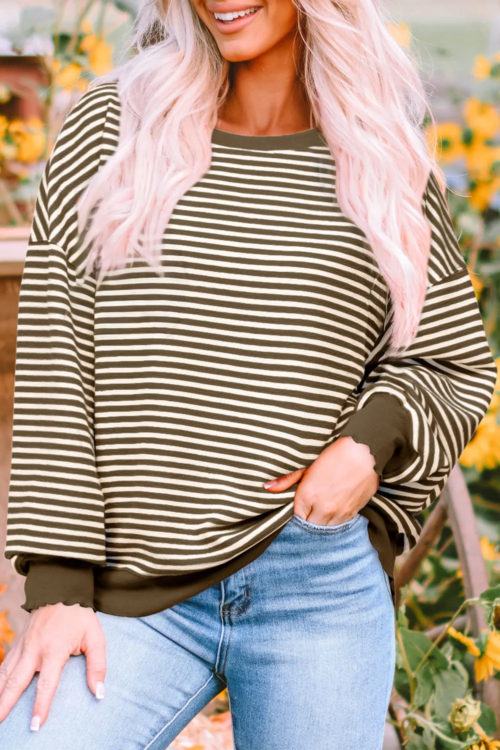 Black Stripe Sequined Nutcracker Doll Drop Shoulder Baggy Long Sleeve Top