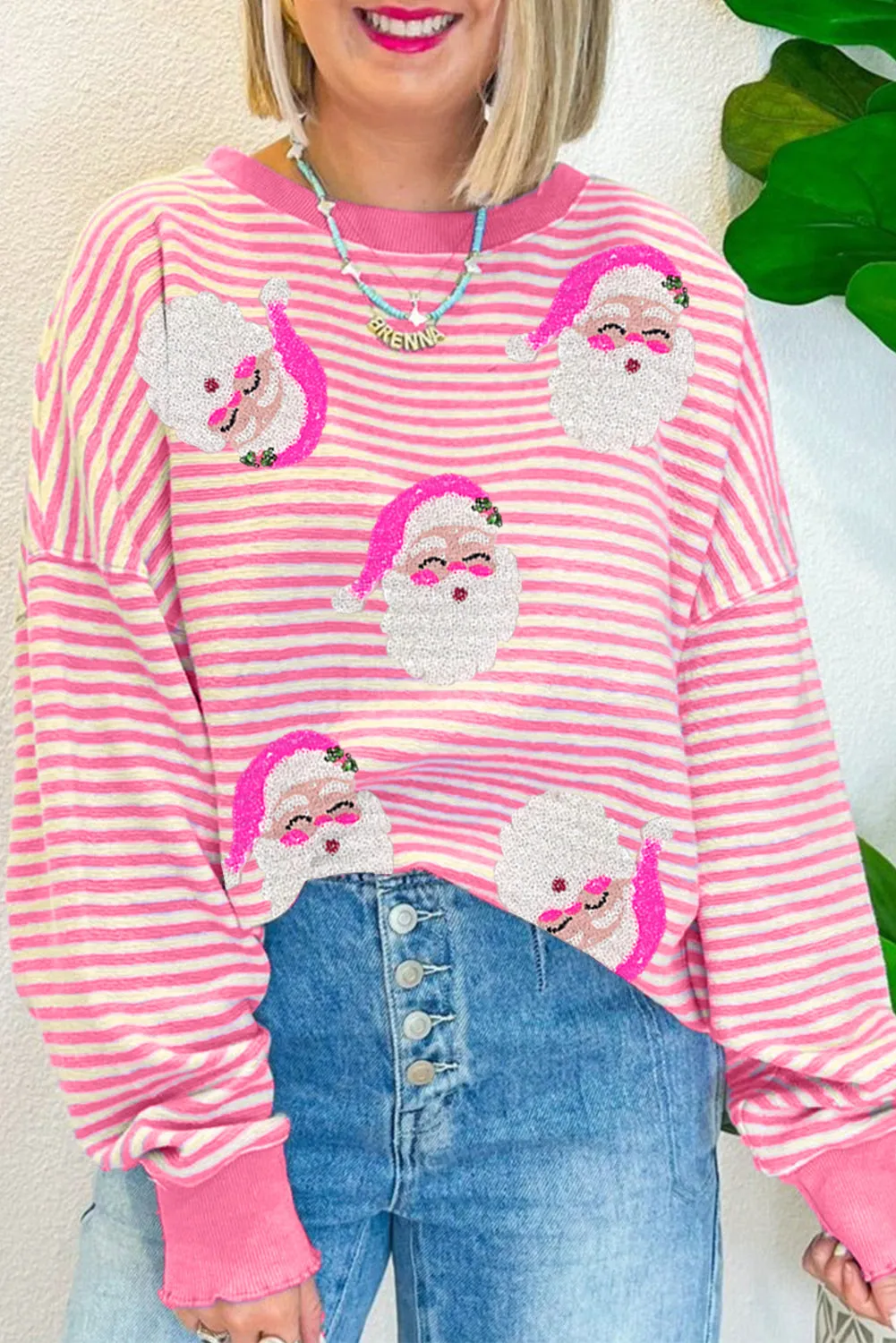 Black Stripe Sequined Nutcracker Doll Drop Shoulder Baggy Long Sleeve Top