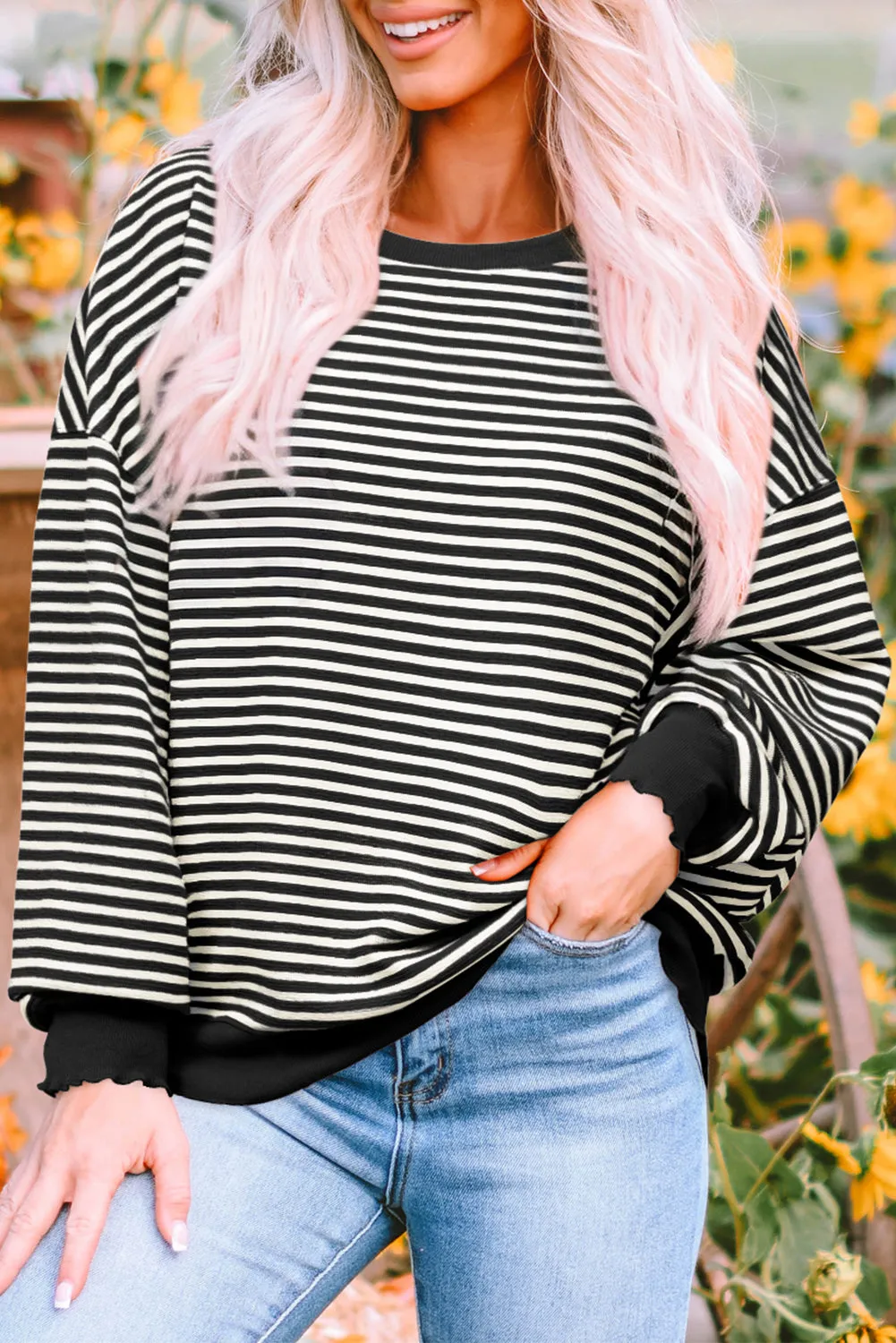 Black Stripe Sequined Nutcracker Doll Drop Shoulder Baggy Long Sleeve Top