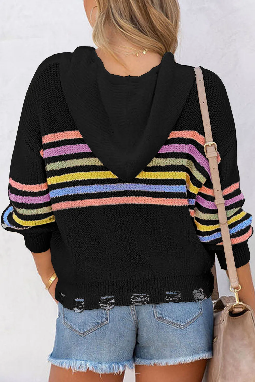 Black Striped Detail Zip Up Hooded Sweater Cardigan