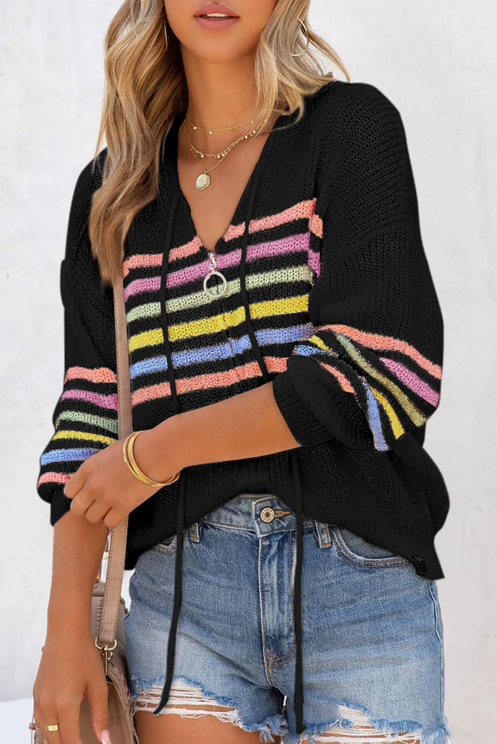 Black Striped Detail Zip Up Hooded Sweater Cardigan