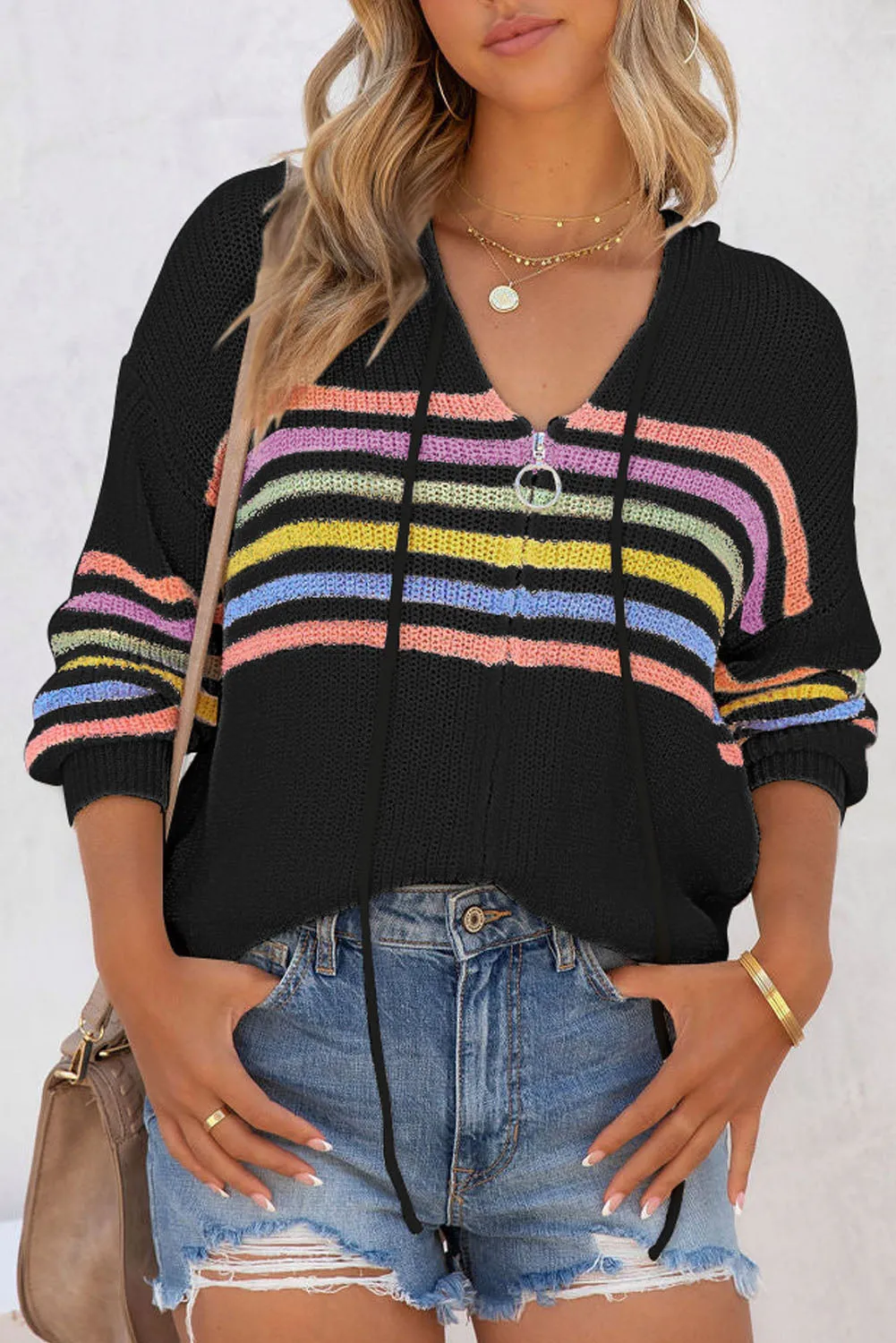 Black Striped Detail Zip Up Hooded Sweater Cardigan