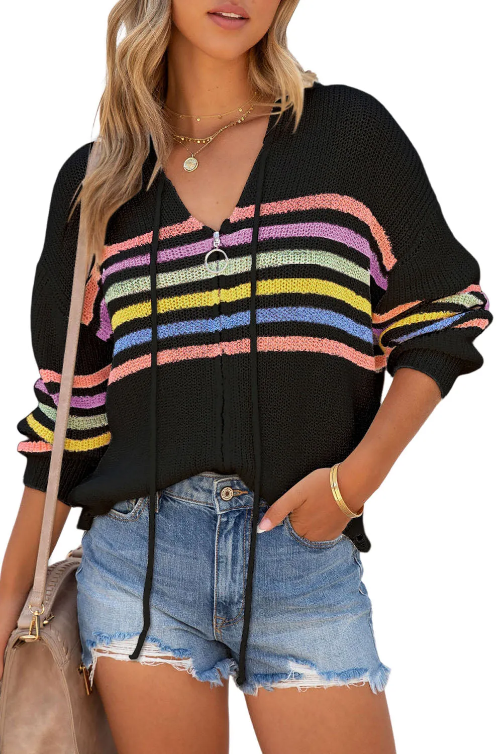 Black Striped Detail Zip Up Hooded Sweater Cardigan