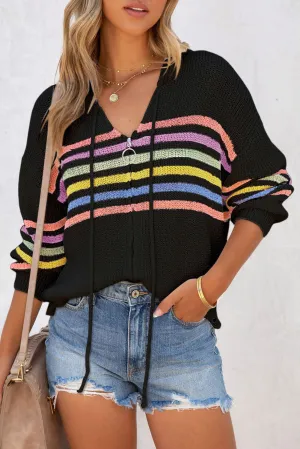 Black Striped Detail Zip Up Hooded Sweater Cardigan