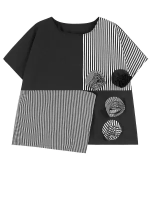 Black Striped Dot Flower Big Size T-shirt