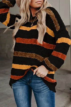 Black Striped Popcorn Knit Sweater