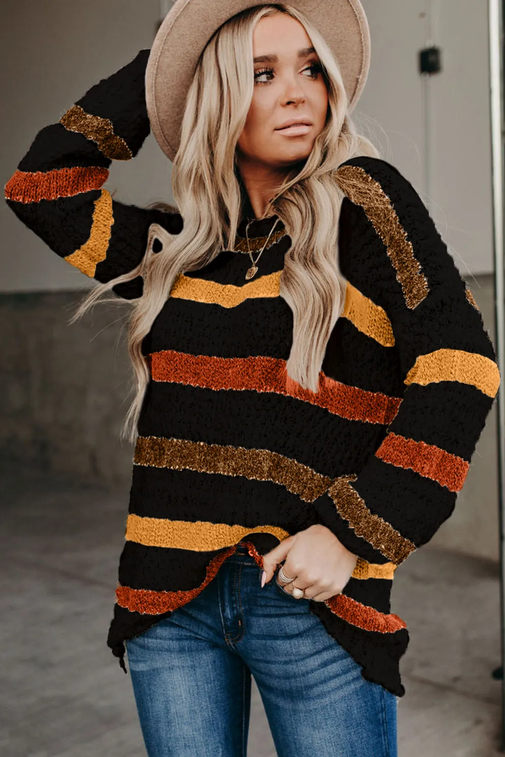 Black Striped Popcorn Knit Sweater