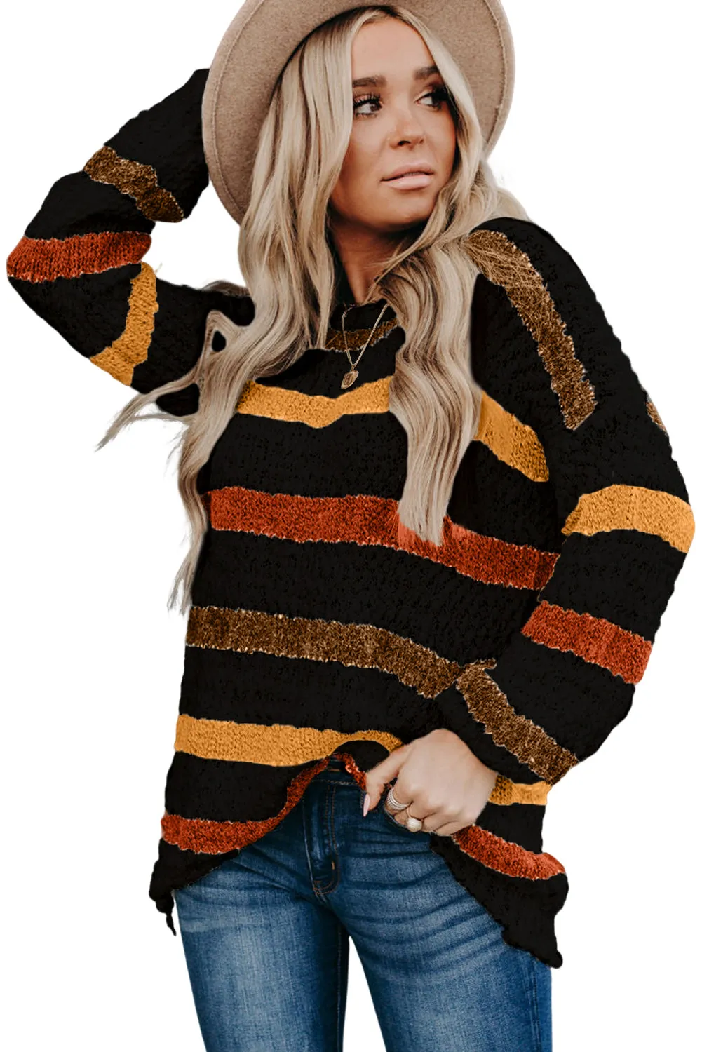 Black Striped Popcorn Knit Sweater