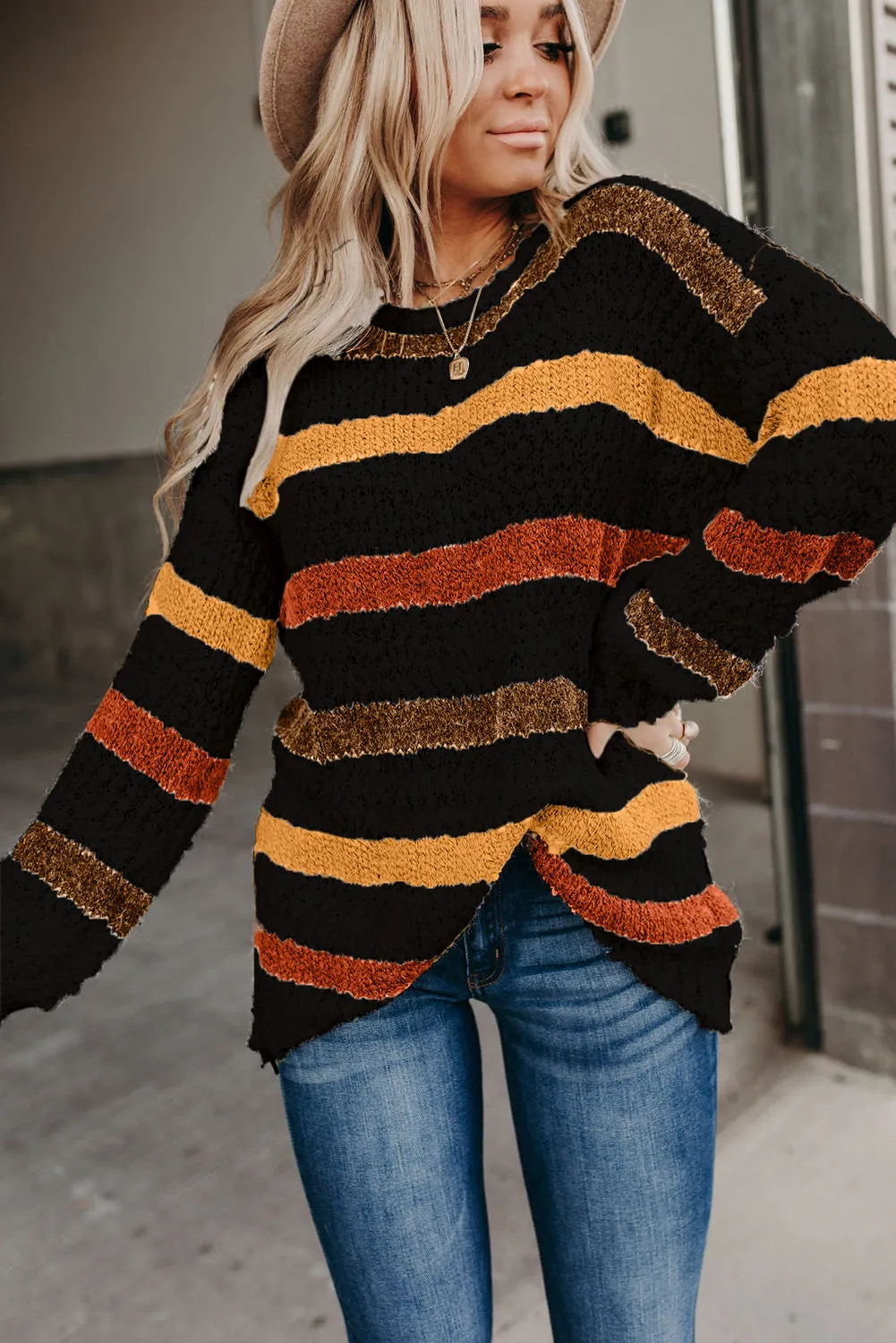 Black Striped Popcorn Knit Sweater