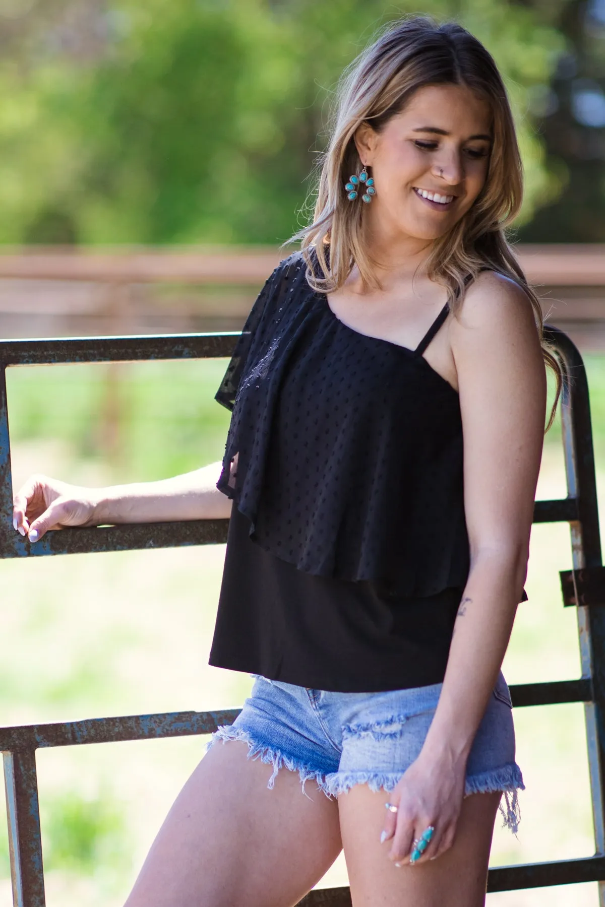 Black Swiss Dot One Flutter Sleeve Tank
