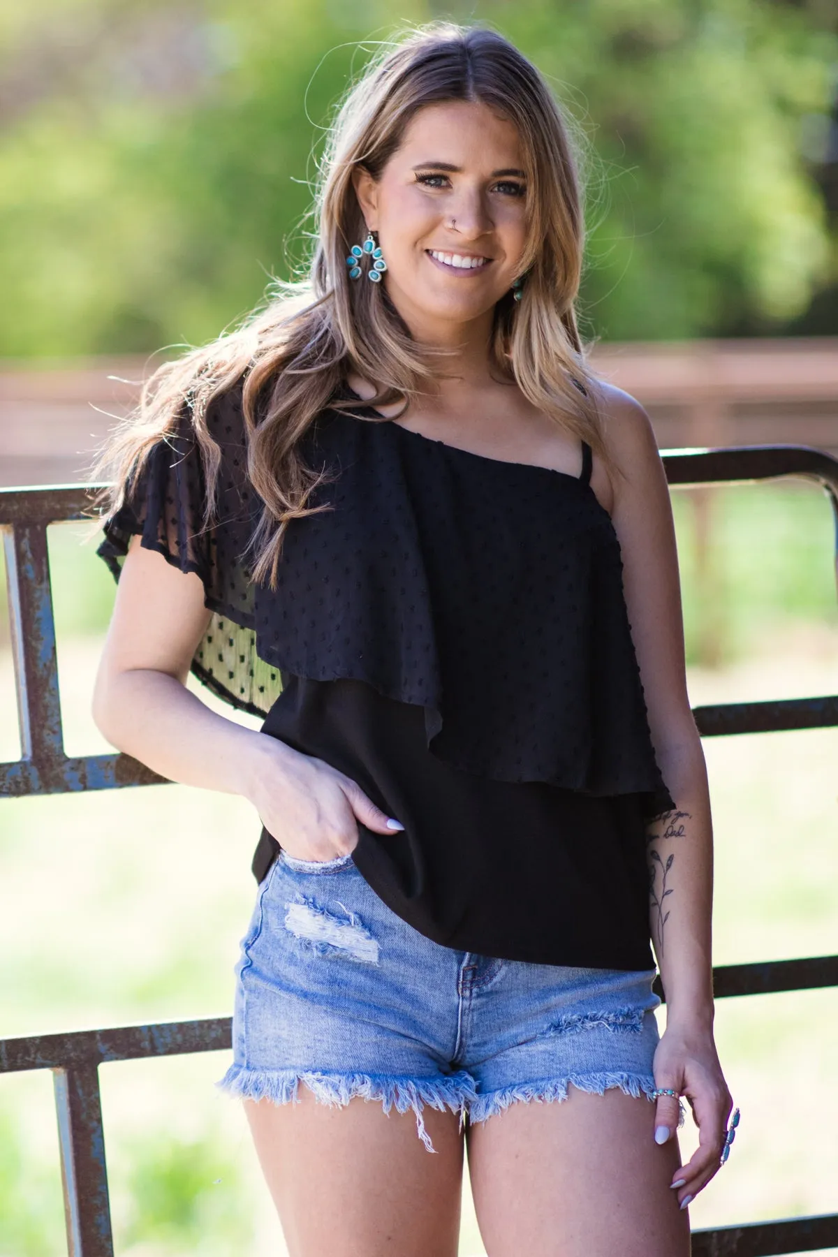 Black Swiss Dot One Flutter Sleeve Tank