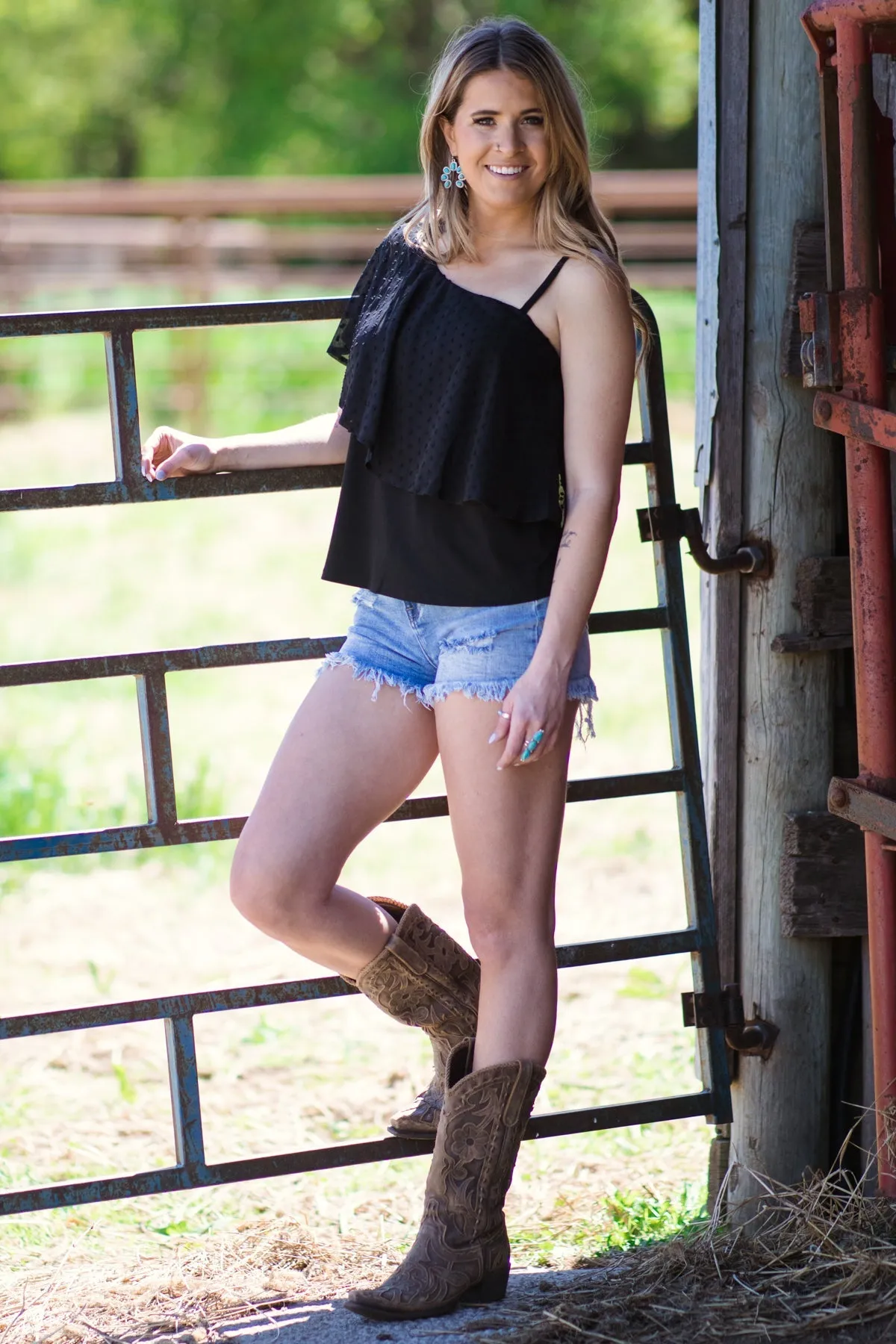 Black Swiss Dot One Flutter Sleeve Tank