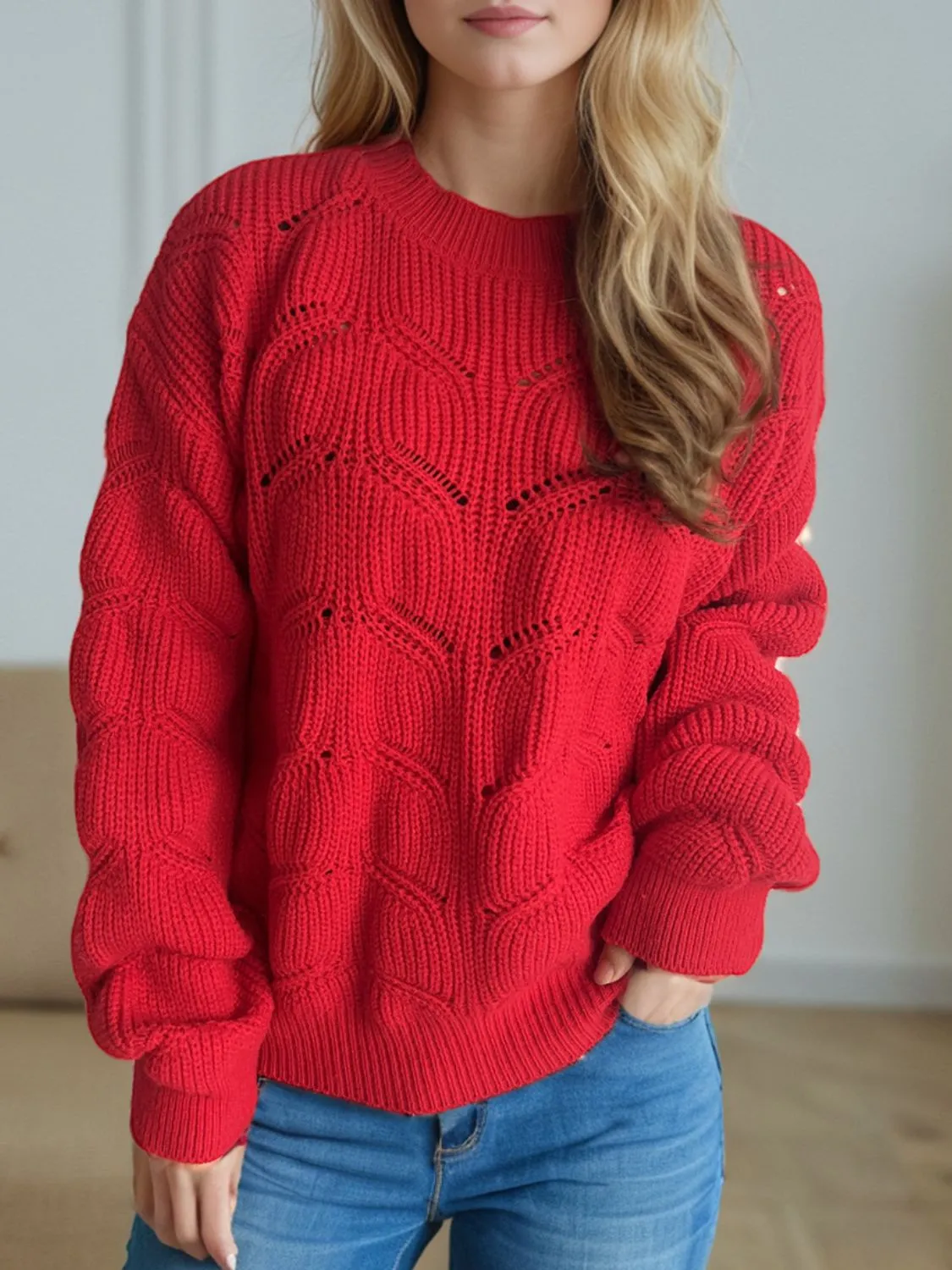 Blair Openwork Round Neck Dropped Shoulder Sweater