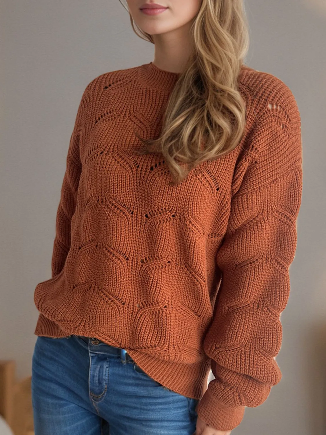 Blair Openwork Round Neck Dropped Shoulder Sweater