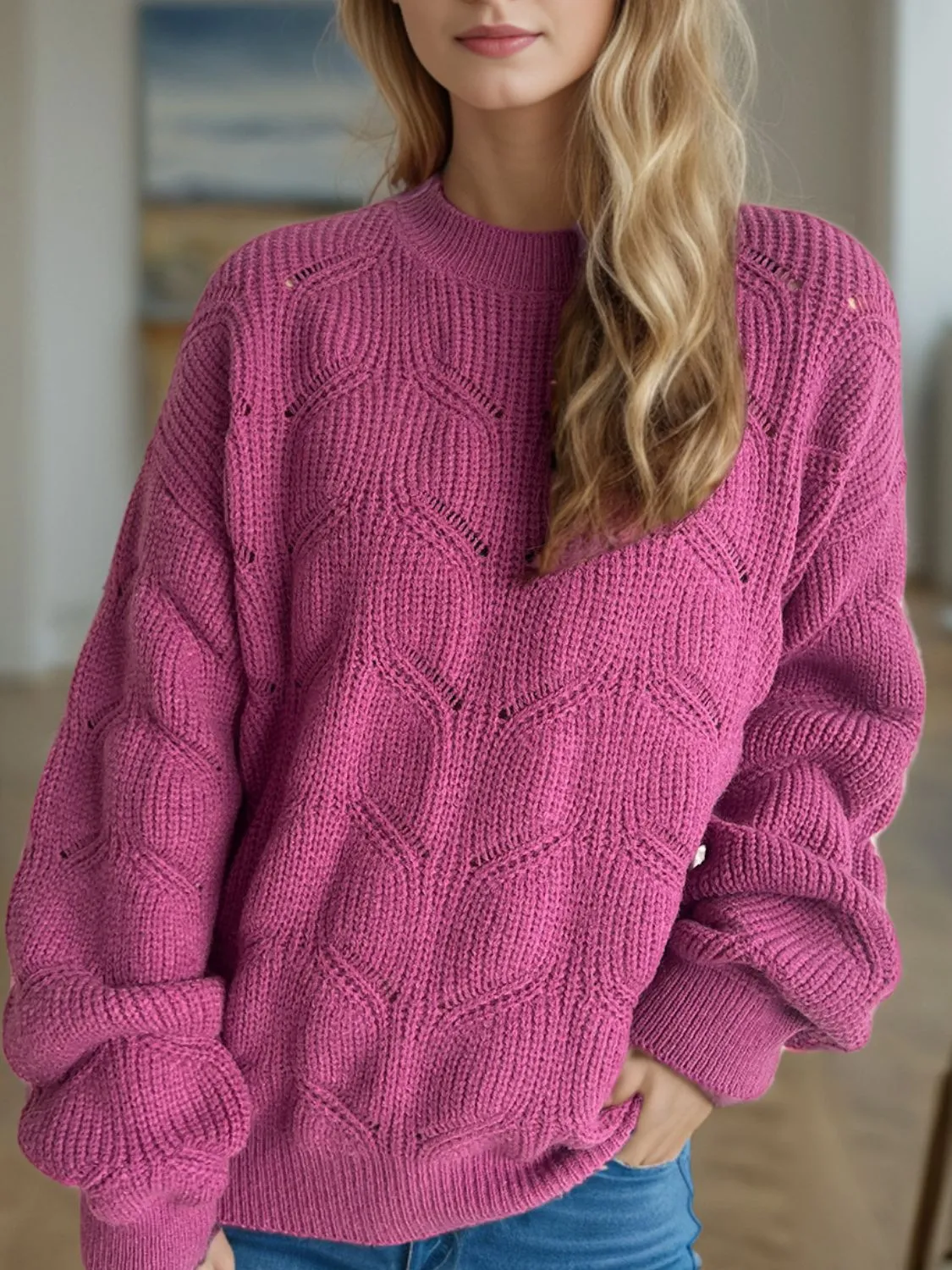 Blair Openwork Round Neck Dropped Shoulder Sweater