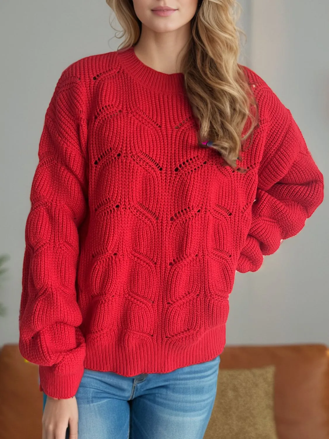 Blair Openwork Round Neck Dropped Shoulder Sweater