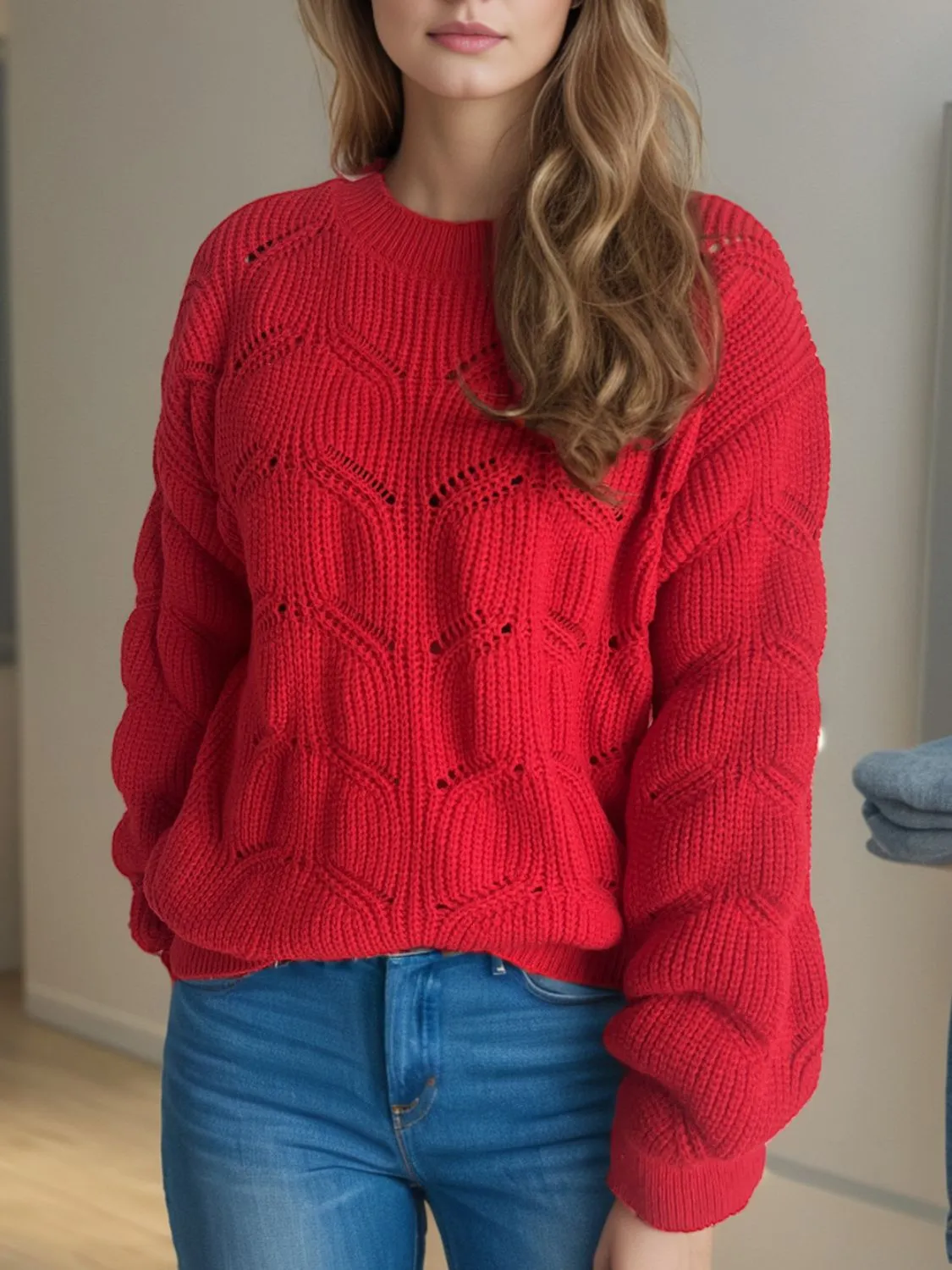 Blair Openwork Round Neck Dropped Shoulder Sweater
