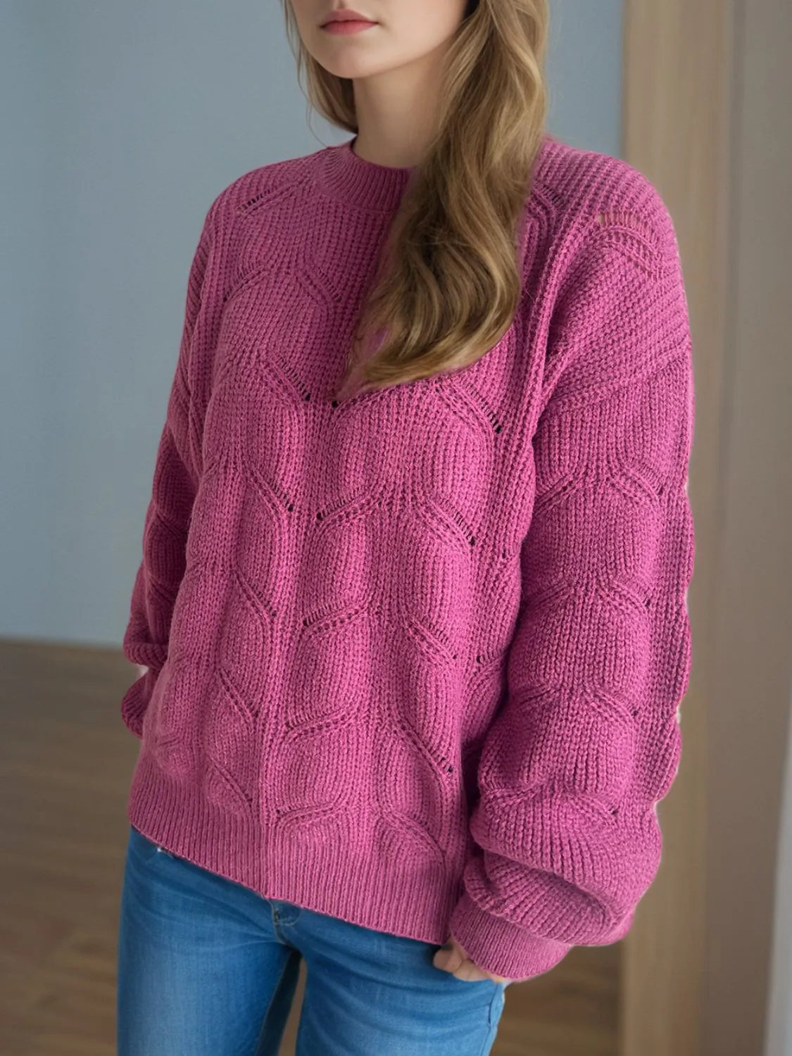 Blair Openwork Round Neck Dropped Shoulder Sweater