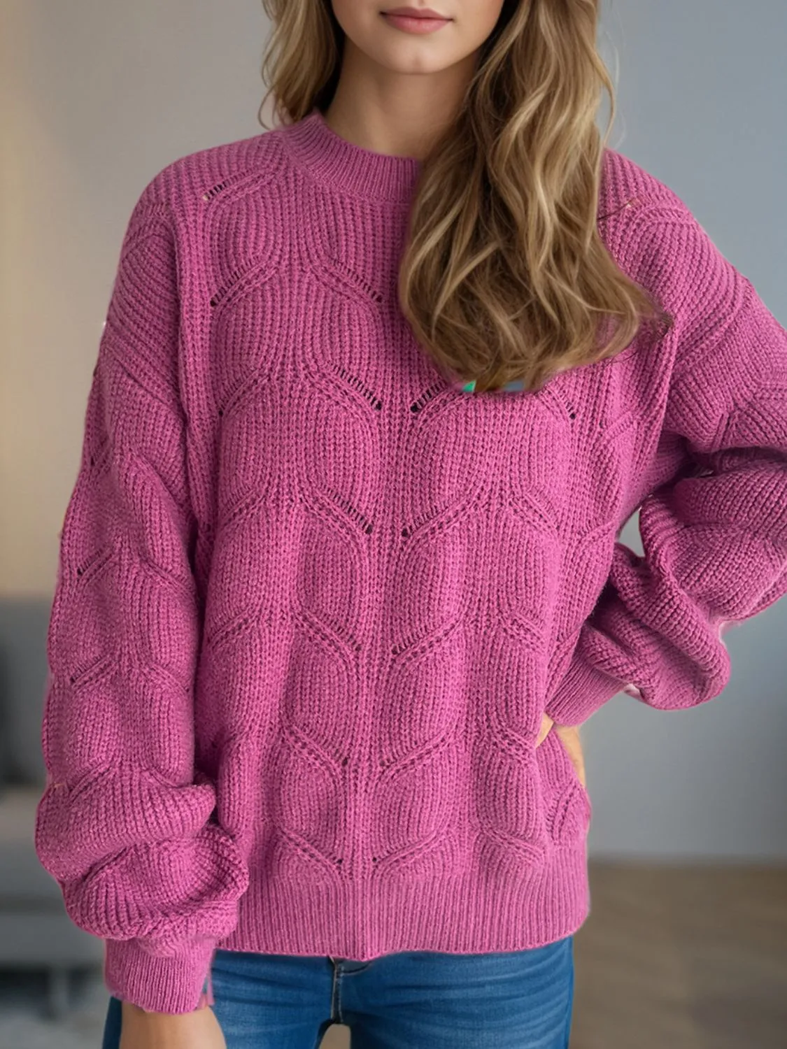 Blair Openwork Round Neck Dropped Shoulder Sweater