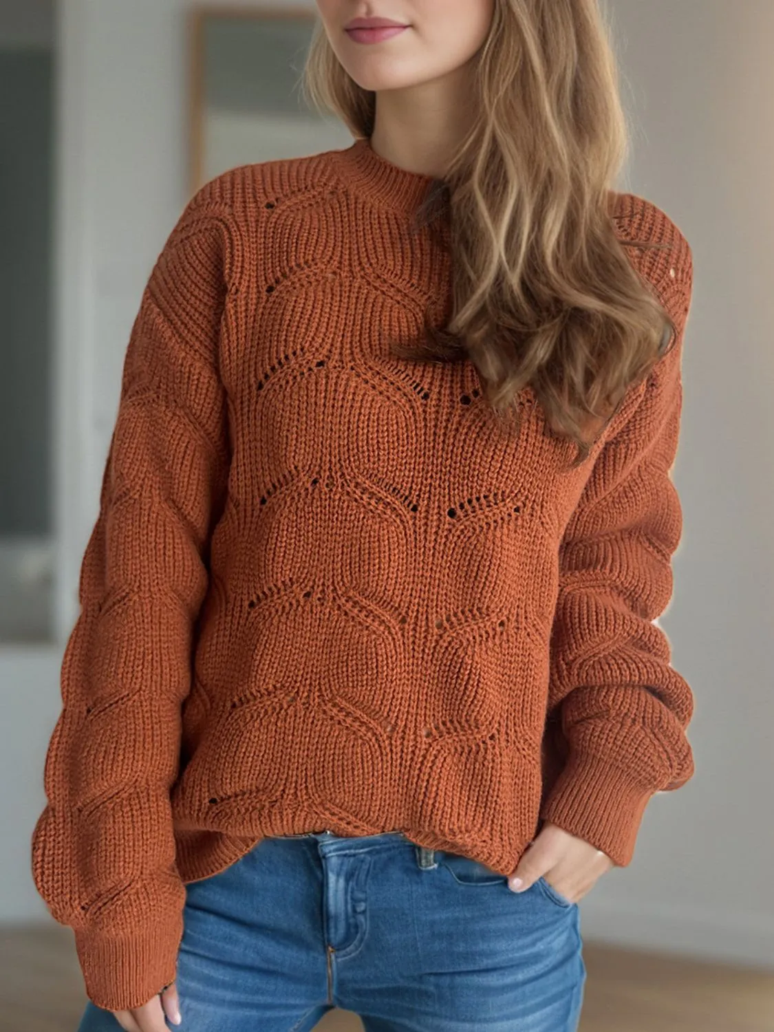 Blair Openwork Round Neck Dropped Shoulder Sweater