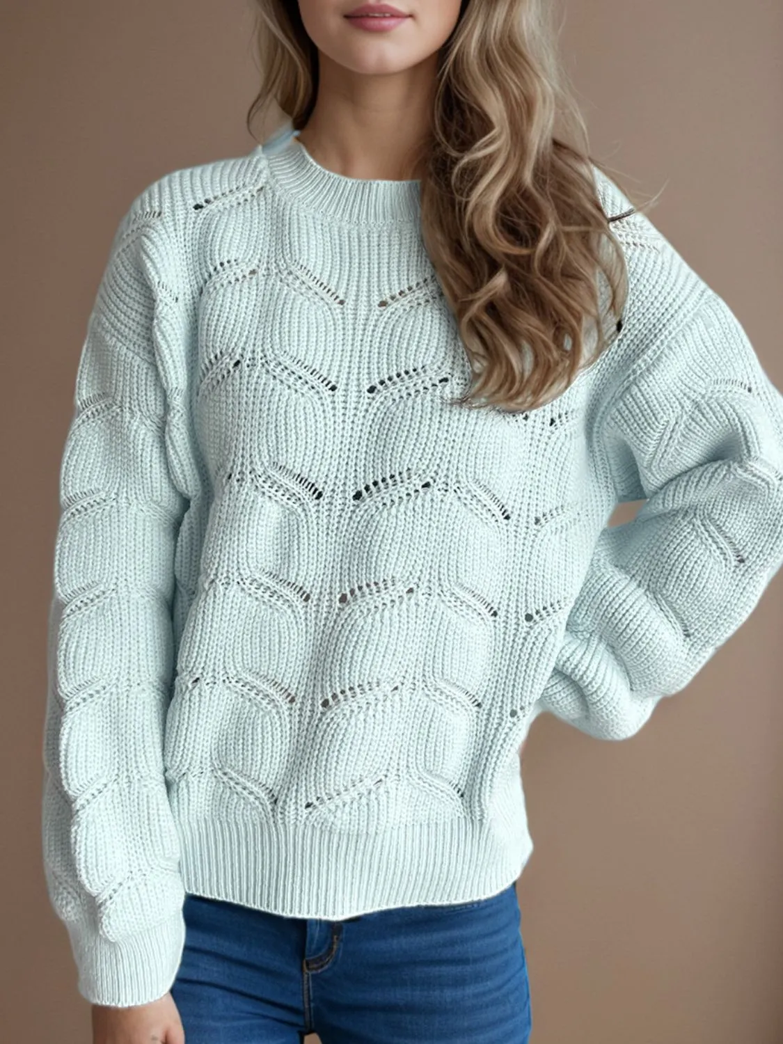 Blair Openwork Round Neck Dropped Shoulder Sweater