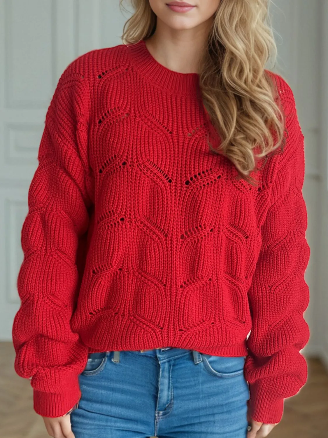 Blair Openwork Round Neck Dropped Shoulder Sweater