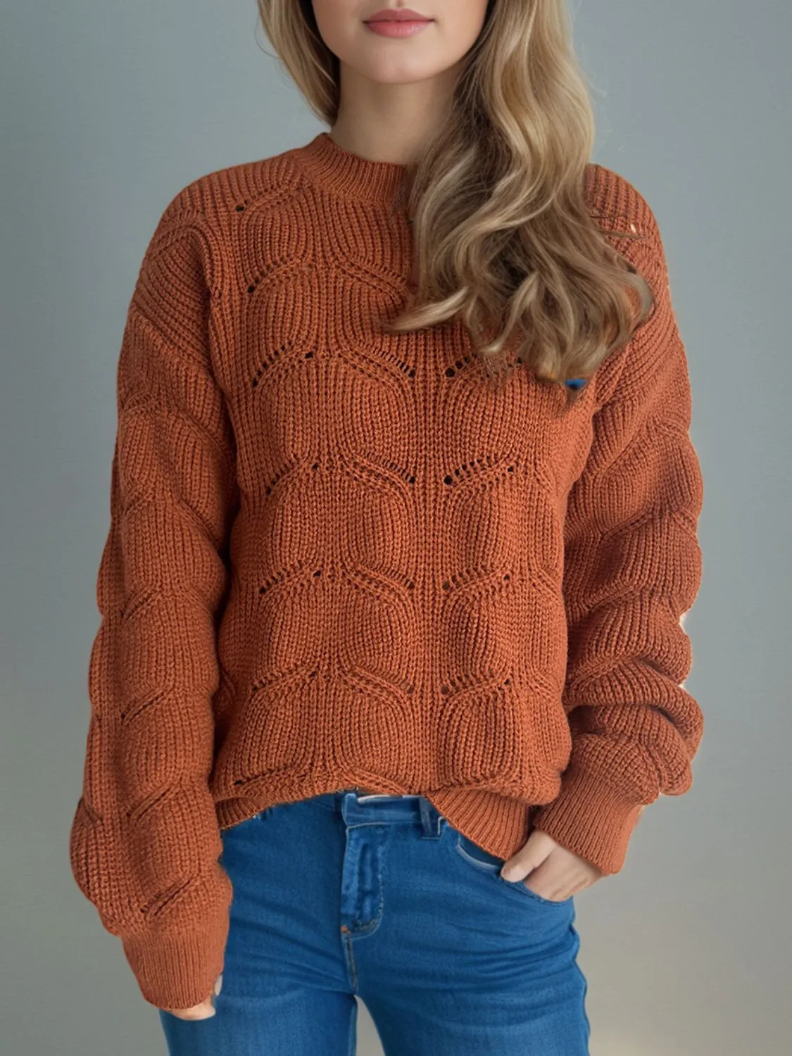 Blair Openwork Round Neck Dropped Shoulder Sweater