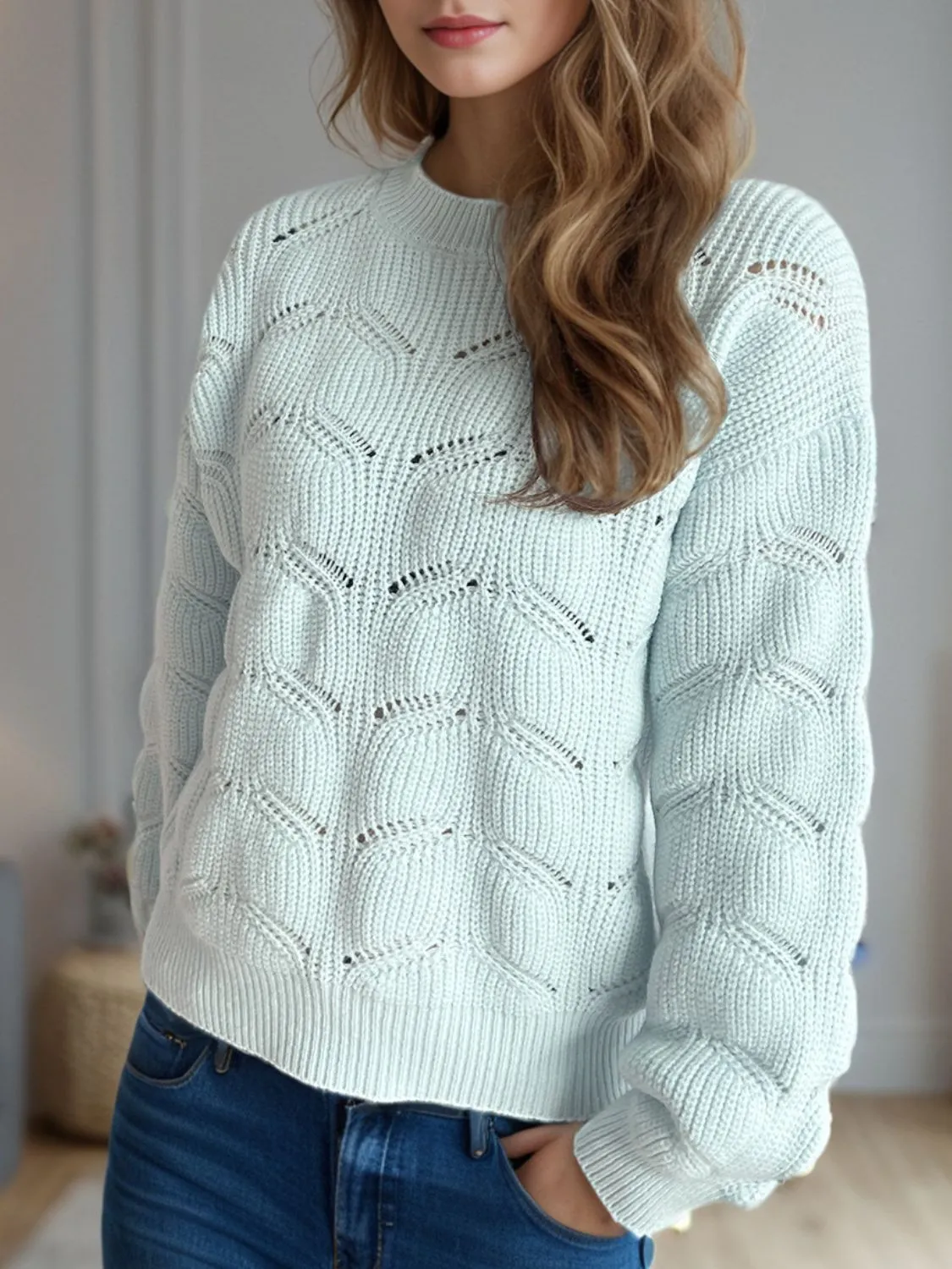 Blair Openwork Round Neck Dropped Shoulder Sweater