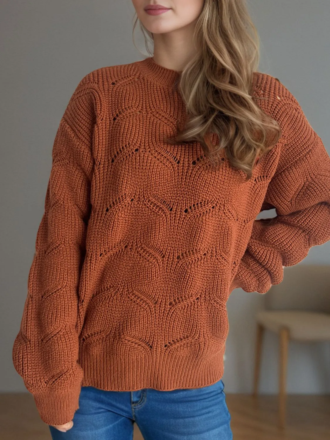 Blair Openwork Round Neck Dropped Shoulder Sweater