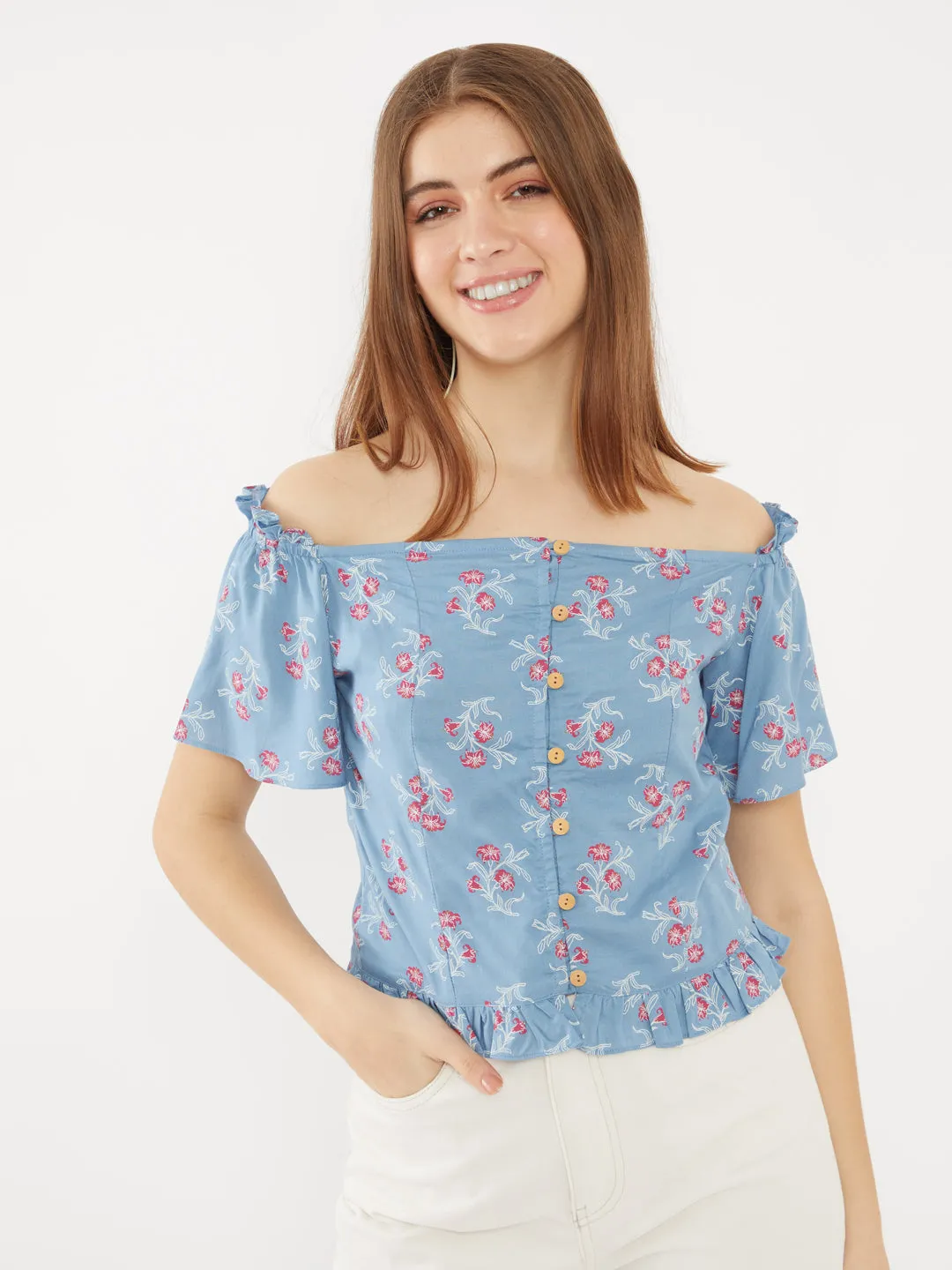 Blue Floral Printed Off-Shoulder Top