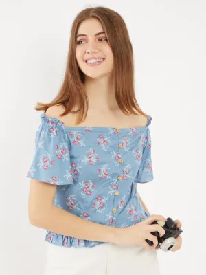 Blue Floral Printed Off-Shoulder Top