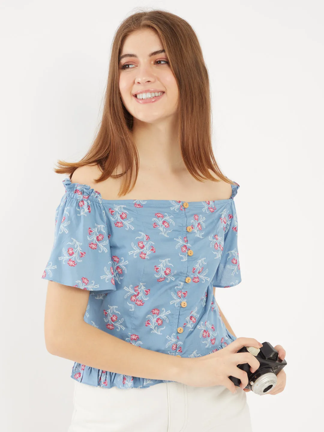 Blue Floral Printed Off-Shoulder Top