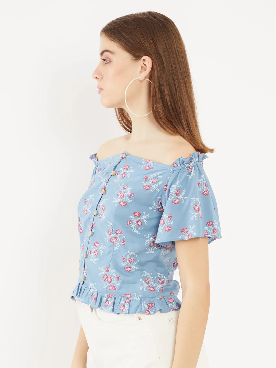 Blue Floral Printed Off-Shoulder Top