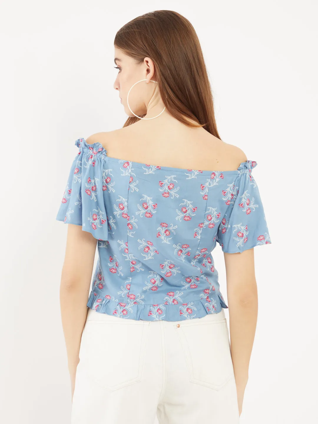 Blue Floral Printed Off-Shoulder Top