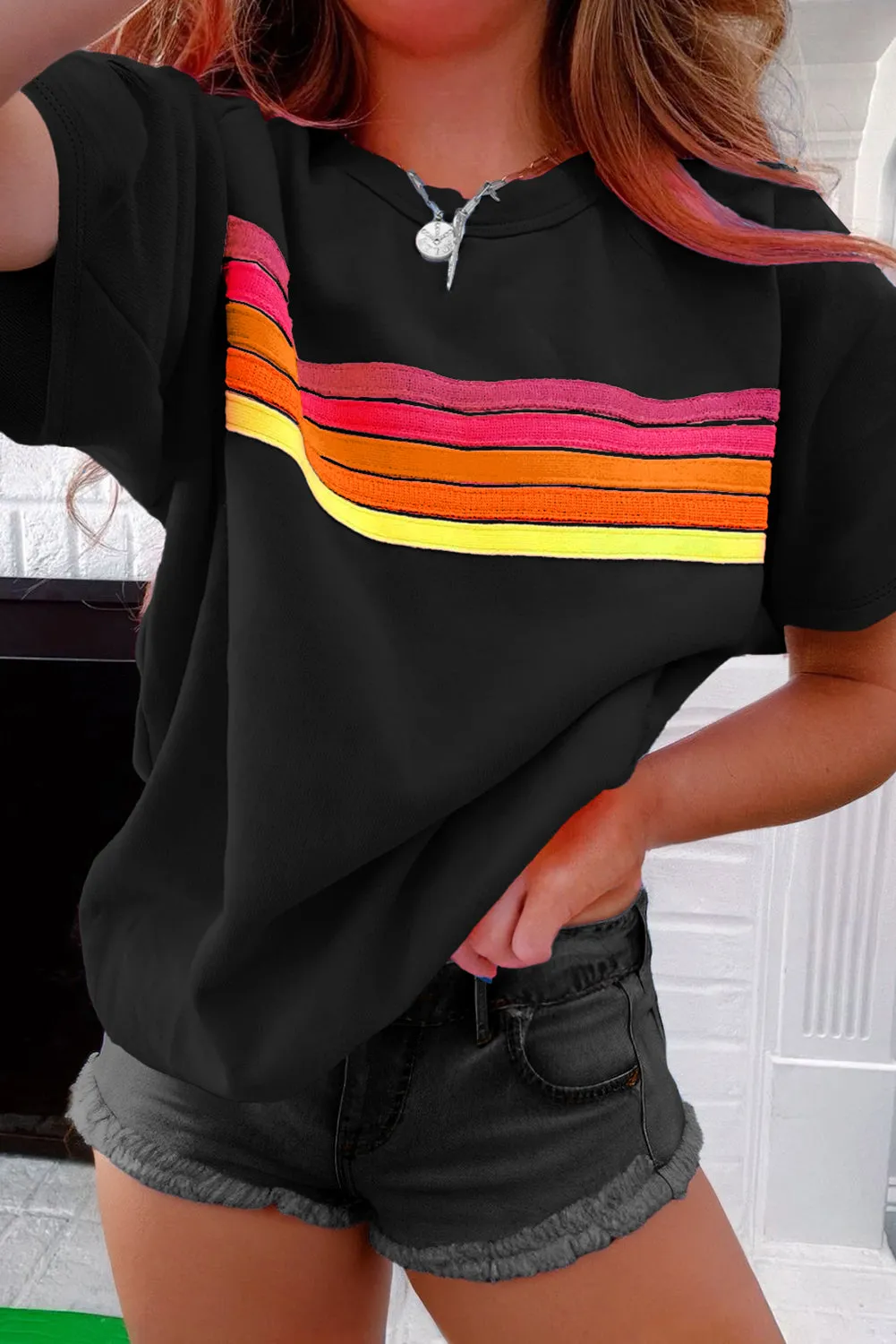 Bonbon Striped Patch Front Casual Tee