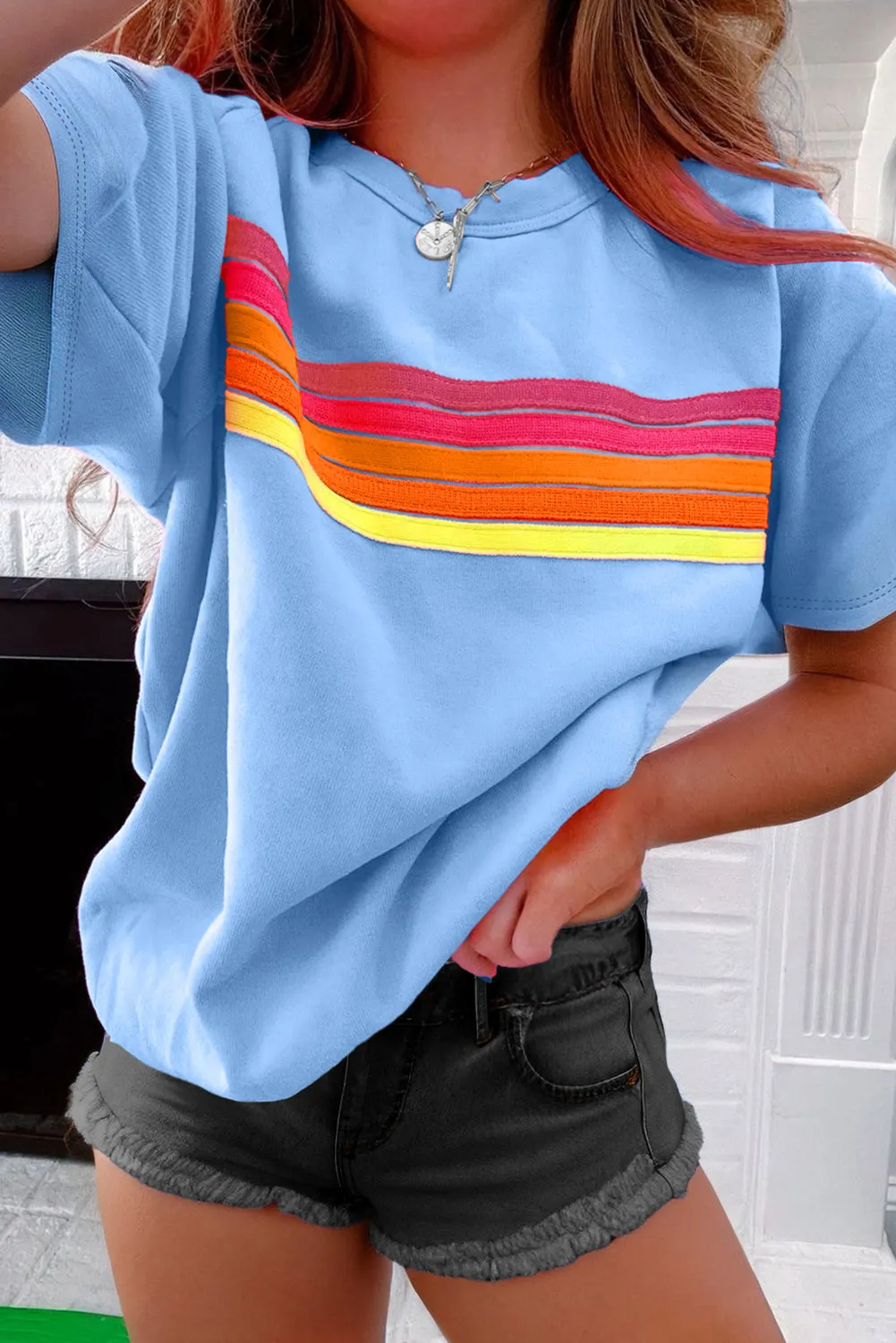 Bonbon Striped Patch Front Casual Tee