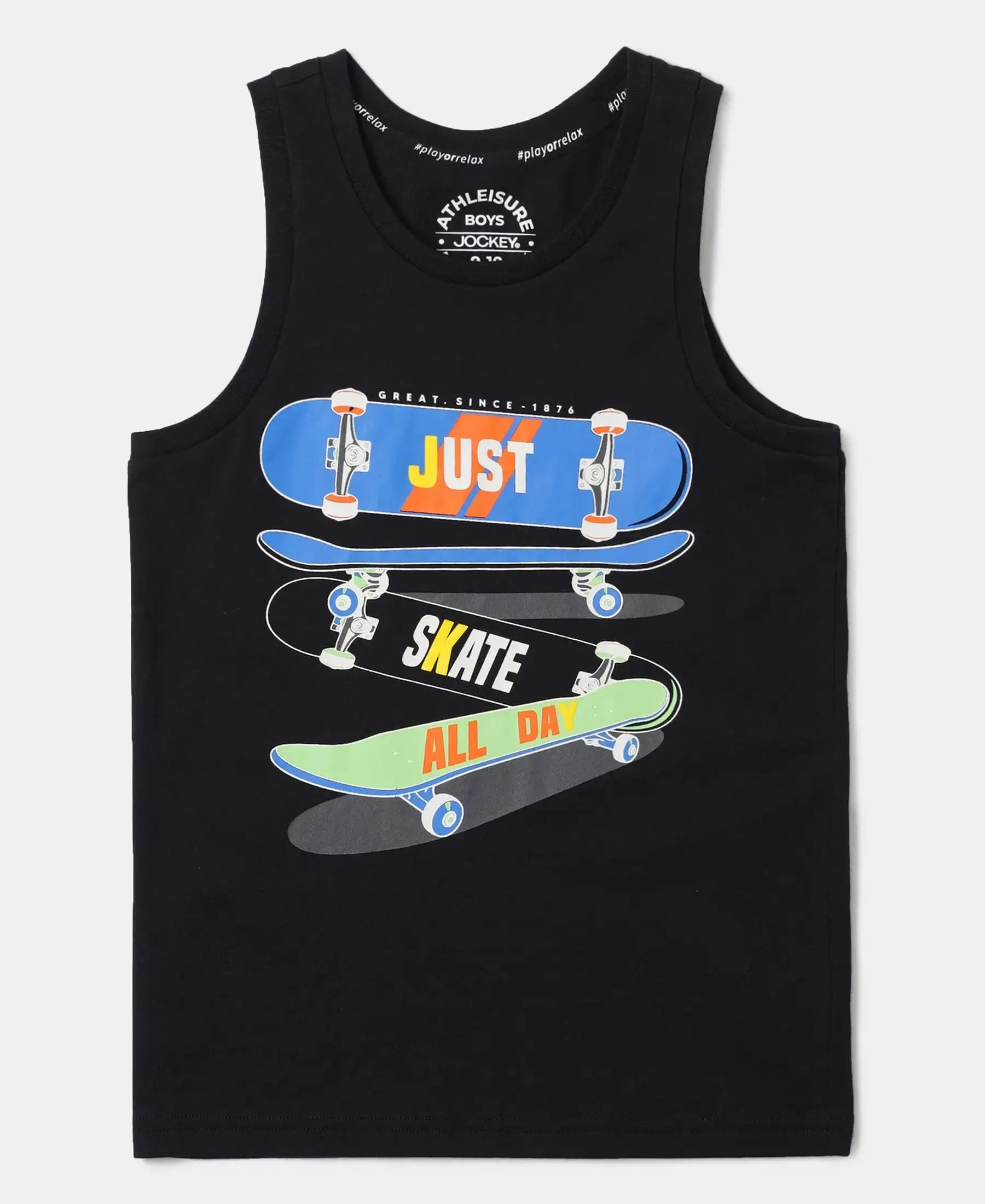 Boy's Super Combed Cotton Graphic Printed Tank Top - Black