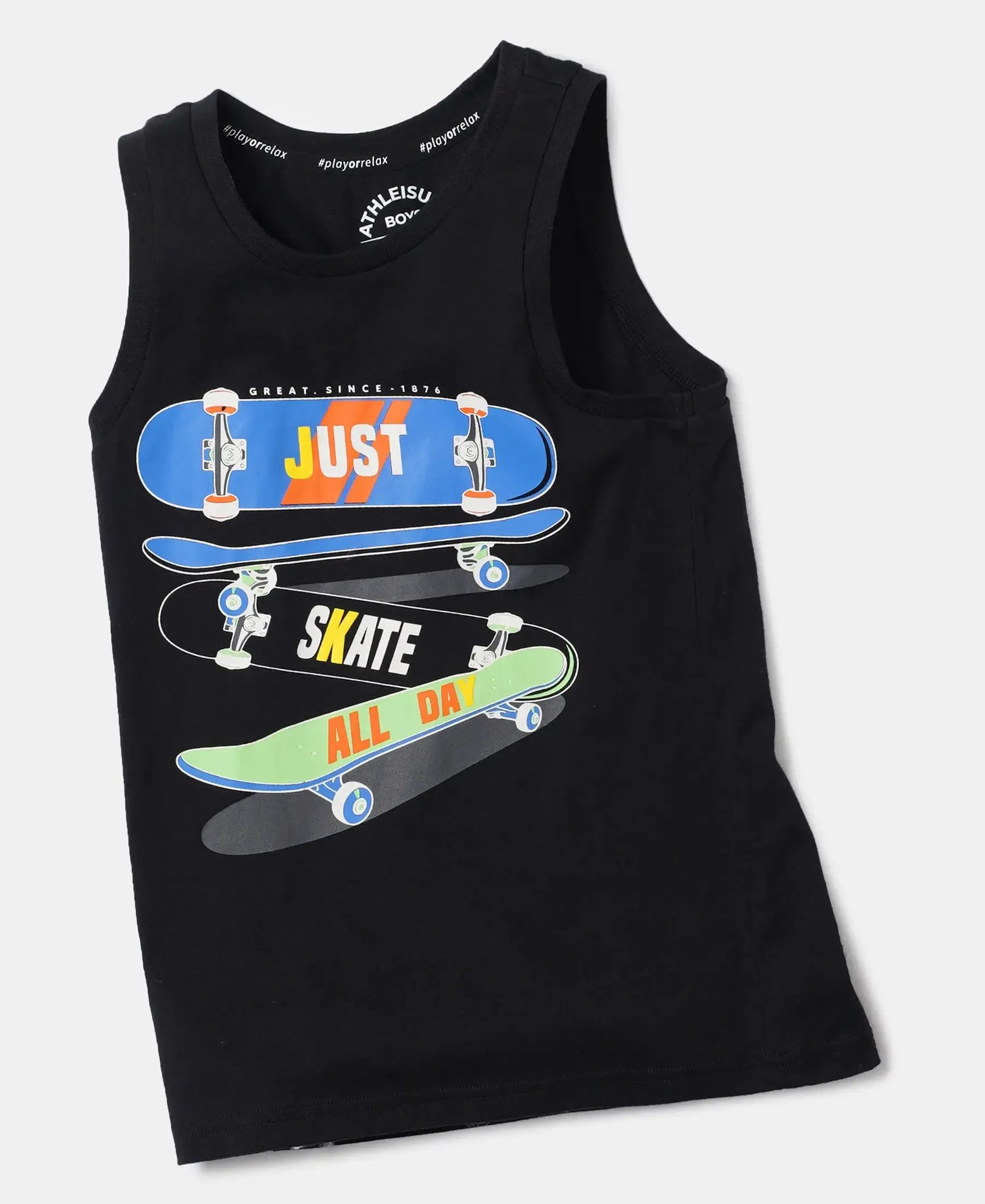 Boy's Super Combed Cotton Graphic Printed Tank Top - Black