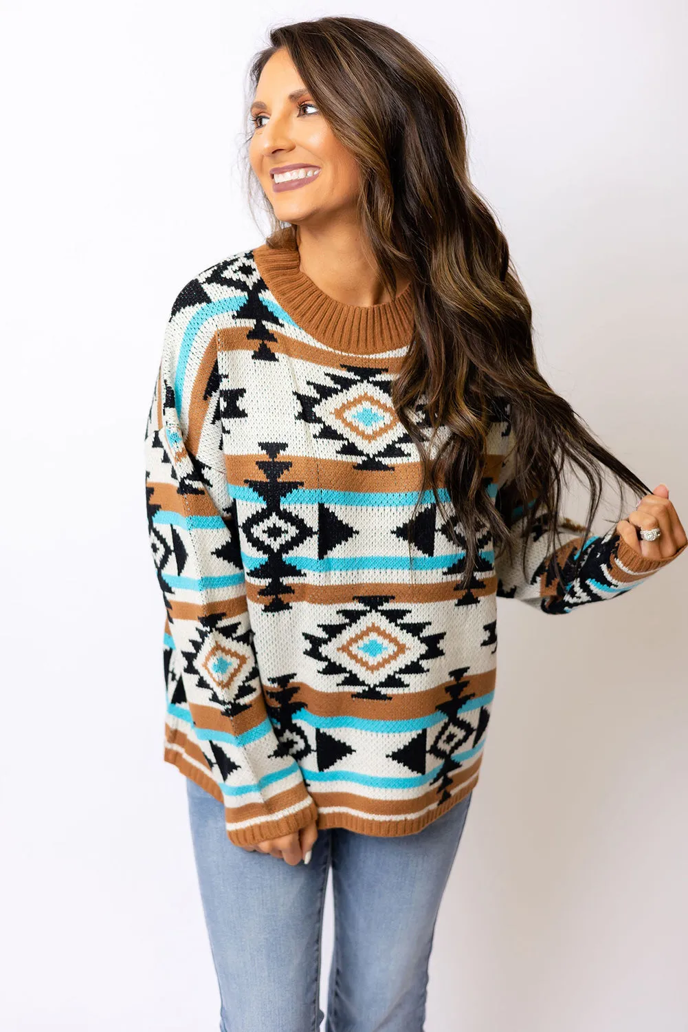 Brown Aztec Striped Knit Ribbed Trim Sweater