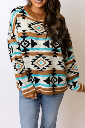 Brown Aztec Striped Knit Ribbed Trim Sweater