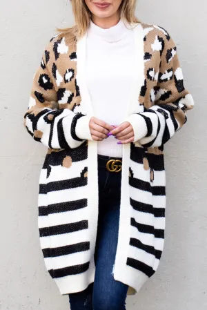 Brown Leopard Striped Contrast Open Sweater Cardigan