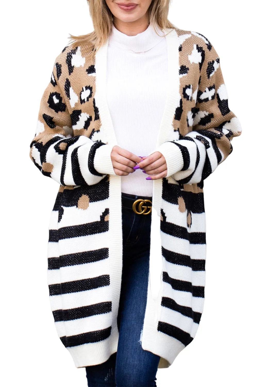Brown Leopard Striped Contrast Open Sweater Cardigan