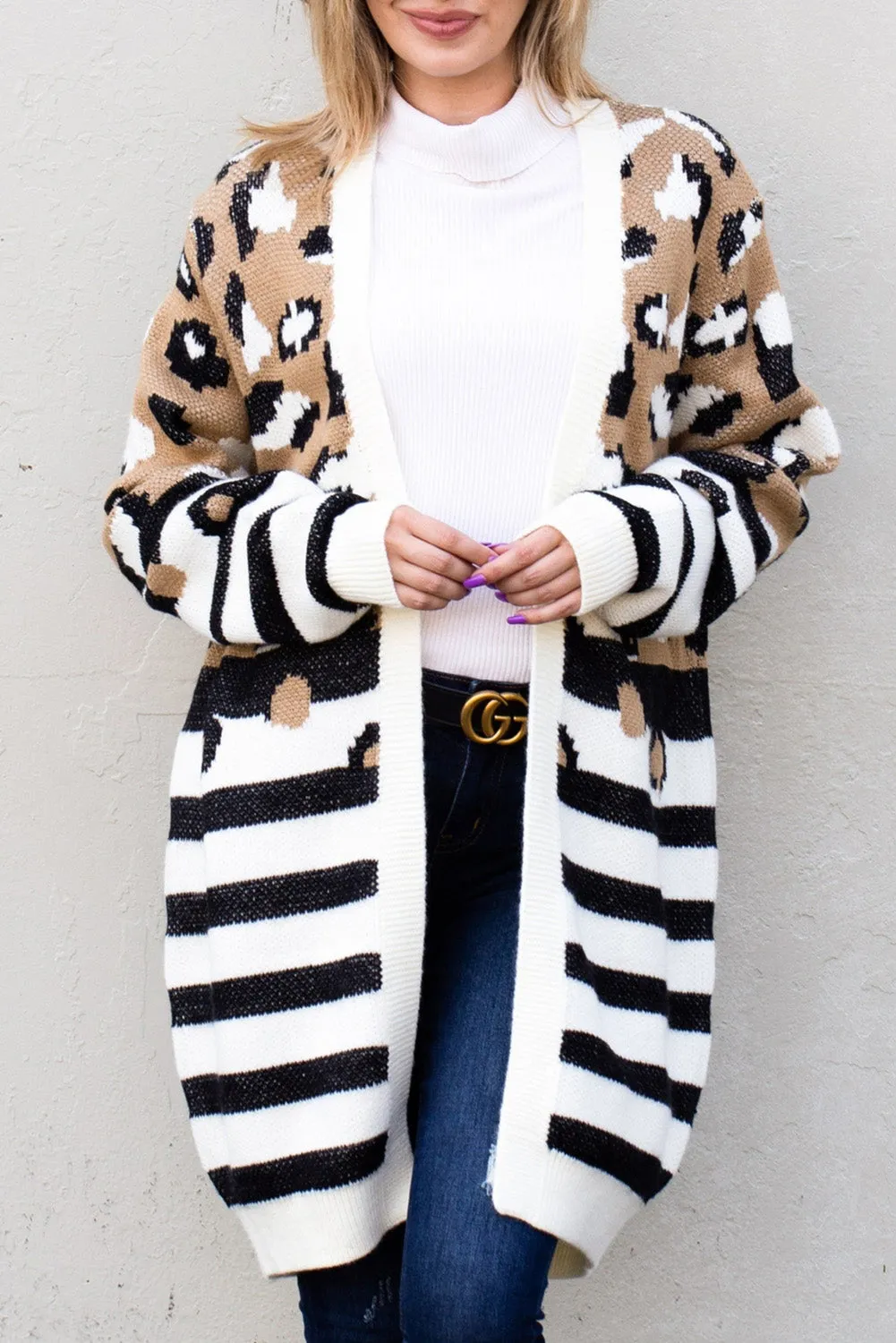 Brown Leopard Striped Contrast Open Sweater Cardigan