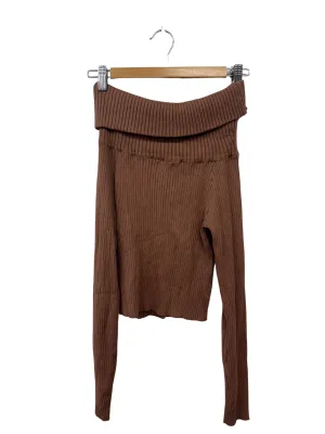 Brown Ribbed Off Shoulder Long Sleeve Top